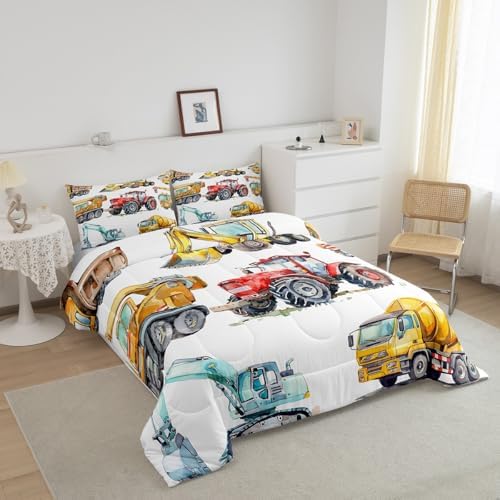 Erosebridal Kids Excavator Comforter Set Queen Size, Retro Truck Down Comforter for Boys Girls Teens, Tractor Machinery Construction Vehicle Bedding Set Crane Digger Mixer Quilted Duvet Bedroom Decor - Image 3