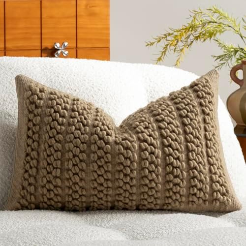 DEZENE Wool Boucle Lumbar Pillow Cover Premium Chic Accents Rectangular Textured Decorative Throw Pillow Case for Living Room Couch Sofa Home Decor 12"x20" Taupe by DEZENE