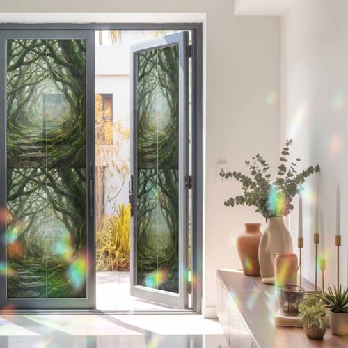 Green Forest Window Privacy Film Rainbow Static Cling Stain Glass Window Film for Glass Door, Decorative Heat Blocking Sunroof Decal Sticker for Car Home 29.5"x118" Misty Light Rustic Cottagecore - Image 3