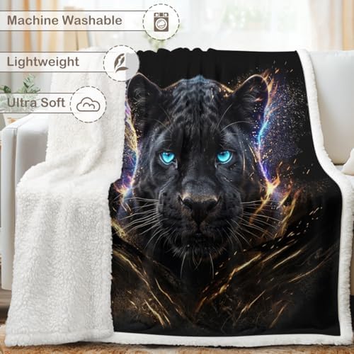 Black Panther Sherpa Blanket Neon Animal Print Throw Blanket for Men Soft Warm Cozy 60x80 Inches Dark Power Design Gamer Room Bedroom Decor Gift for Birthday Housewarming Anniversary - Image 6