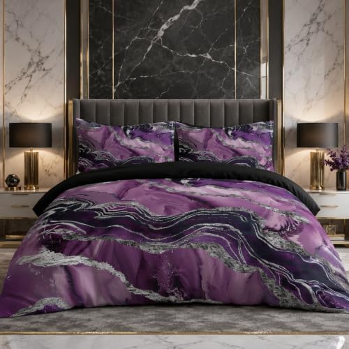CCoutueChen Black Purple Bedding Twin Size Marble Print Comforter Set by CCoutueChen