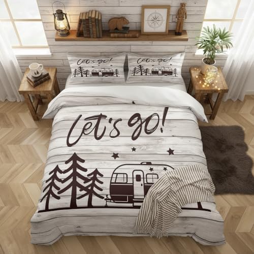Happy Camping Duvet Cover Queen Size Travel Car and Tree Comforter Cover with 2 Pillowcase for Teens Kids Camper Bedding Set Vintage Wood Panels Breathable 3 Pcs Decorative Bed Cover(No Comforter) by Homewish