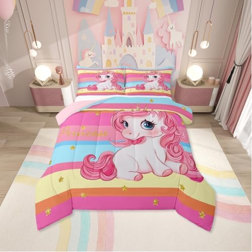 Erosebridal Pink Unicorn King Bed Comforter Set for Girls | Princess Rainbow Unicorn Bedding Set Cute Stars Striped Bed Sets Girly Cartoon Horse Quilt Comforter Fantasy Girls Room Decor,3 Pcs by Erosebridal