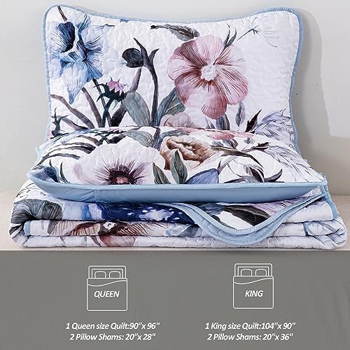 Drucon Floral Quilt Set King 3 Pieces Light Blue Floral Quilt Coverlet Set - Image 7