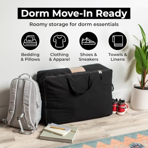 Soft Canvas Storage Bags with Zipper. Thick Breathable, 2pc King/Queen Comforter Organizer. Four Carrying Handles and Window. Large 25x19x9in Bag for Sheets Blankets Bedding Pillows, Clothes (Black) - Image 6