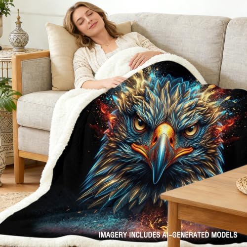 Eagle Sherpa Blanket Neon Animal Print Throw Blanket for Men Soft Warm Cozy 50x60 Inches Sharp Vision Design Gamer Room Bedroom Decor Focus Gift for Birthday Housewarming Anniversary - Image 2