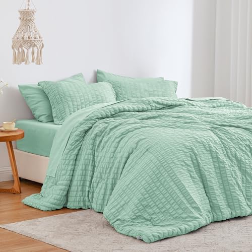 Seersucker Light Green California King Comforter Set, 7-Piece Bed in a Bag by Lovescabin