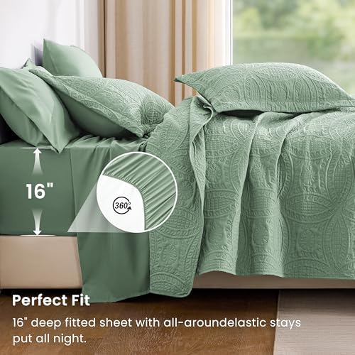 Love's cabin Queen Quilt Set Sage, Bed in a Bag Queen Size Bedding 7 Pieces, Ultrasonic Embossed Coin Pattern Comforter, Lightweight Bedspreads for All Seasons Quilt with Sheets, Pillowcases & Shams - Image 4