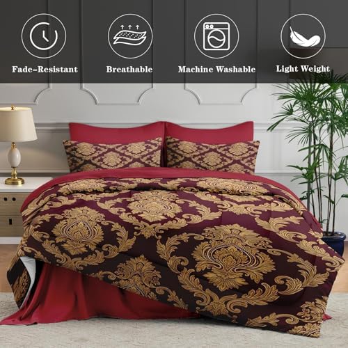 WeCozy King Comforter Set with Sheets, 7 Pieces Damask Red Bedding - Image 5