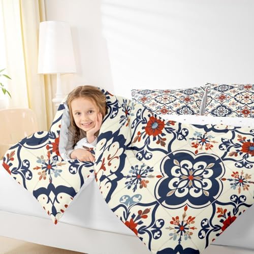 Erosebridal Mexican Tile Full Bedding Set,Colorful Talavera Tile Comforter Set for Kids Adults,Vintage Boho Floral Duvet Insert,Ethnic Mexico Style Bedroom Decor with 2 Pillowcases - Image 3
