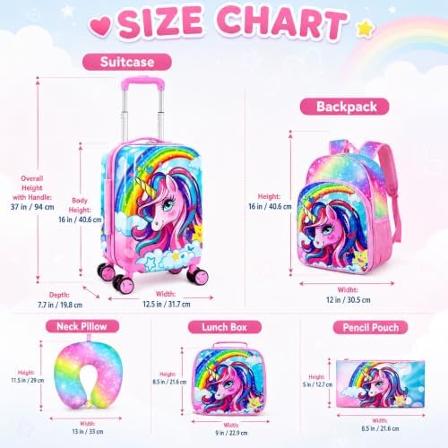 5PCS Kids Luggage Girls Suitcase Set, 16" Hardside Carry-on Unicorn - Image 5