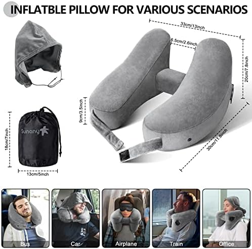 Sunany Travel Neck Pillow for Airplane Pillow Comfortably Supports Head, Neck and Chin, Inflatable Travel Pillow with Soft Velour Cover and Portable Drawstring Bag (Dark Black, H-Shape) - Image 3