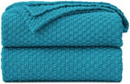 Longhui bedding 100% Cotton Knitted Throw Blanket – Teal, Soft & Cozy, Machine Washable, 51"x63" – Perfect for Living Room, Couch, Sofa, Bed or Travel by LongHuiBedding