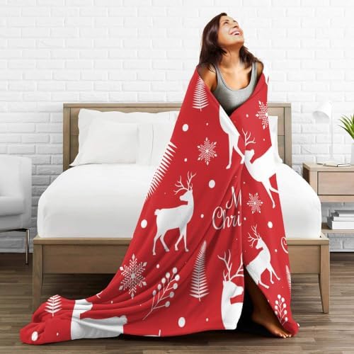 Merry Christmas Red Reindeer Snowflake Flannel Throw Blanket - Image 4