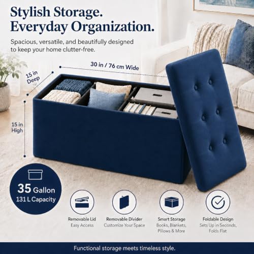 ALASDO 30 Inch Folding Storage Ottoman Bench with Hidden Storage, Velvet Storage Ottoman Foot Rest Stool, End of Bed Bench for Bedroom, Living Room, Entryway and Closet, Navy Blue - Image 2