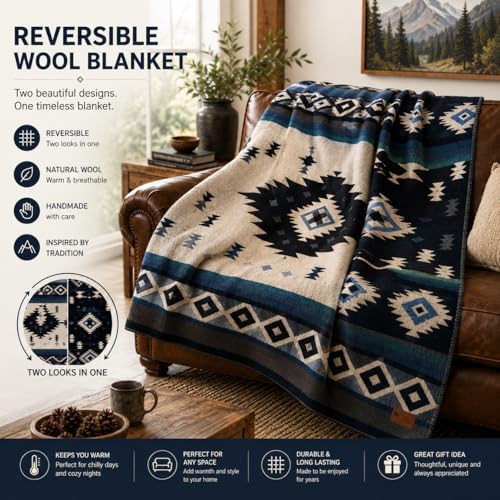QISU Wool Blanket Throw | Large, Beautiful, Warm, Soft, Handmade in Ecuador by Local Artisans |94″ x 78″| Ultra-Soft, Hypoallergenic & Breathable | Non-Itchy or Scratchy Fabric (Blue Pyramid) - Image 2