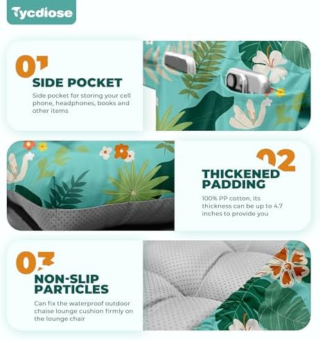 Outdoor Chaise Lounge Chair Cushion, 71 x 22 x 4.7 Inches Waterproof Chaise Lounge Cushions Replacement for Outdoor Furniture, Thickened Non-Slip Patio Lounge Chair Cushions, Cyan Floral leaf - Image 5