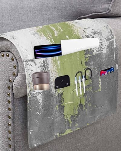 Sofa Armrest Organizer Bedside Caddy, Sage Green Cement Gray Non Slip Couch Remote Control Holder for Recliner, Modern Abstract Art Green Armchair Caddy with Pocket for Magazine, Phone, 19.7"x35" - Image 3