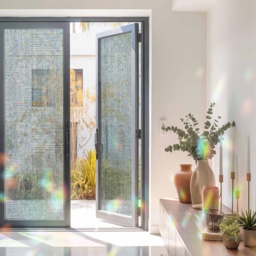 Window Privacy Film Static Cling, Blue Modern Striped Decorative Stained Glass Window Film for Floor-to-Ceiling Glass/Large Patio Doors, Grid Line Blocks Farmhouse 29.5 x 118 Inches - Image 3