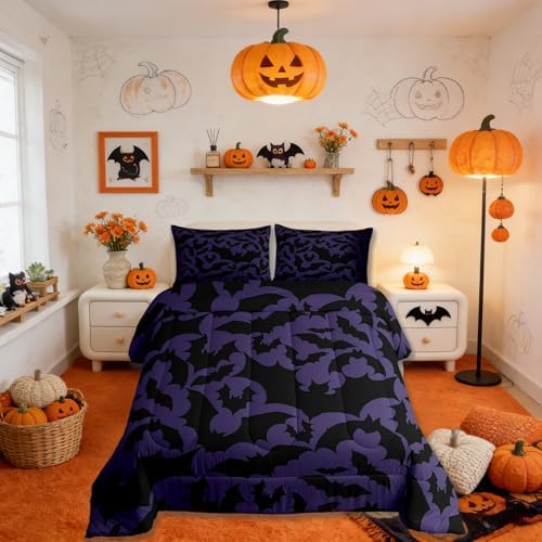 Halloween Themed Bedding Set King Size,Black Bats Animal Print Comforter Set Room Decor for Couple,Dark Purple Color Microfiber Down Comforter,2 Pillowcases - Image 4