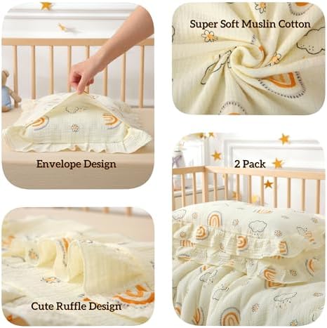 100% Cotton Muslin Toddler Pillowcase 2 Pack，13"x 18" Ultra Soft Breathable Travel Pillow Case Cover,Ruffle Pillow Case for Newborn,Nursery,Boys,Girls,Machine Washable - Image 4