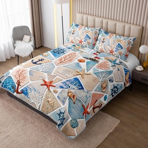 HOSIMA Vintage Patchwork Nautical Beachy Quilt Twin with 2 Pillowcases. - Image 2