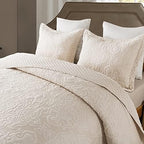 NEWLAKE Quilt Bedspread Set, Beige Jacquard Embossed Floral Pattern Reversible Embroidered Microfiber Coverlet Sets, Queen Size - Image 3