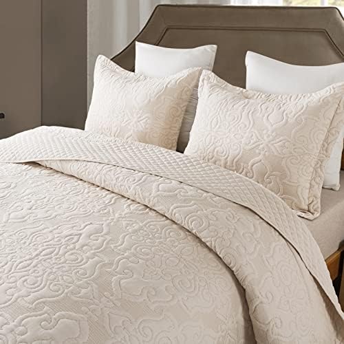 NEWLAKE Quilt Bedspread Set, Beige Jacquard Embossed Floral Pattern Reversible Embroidered Microfiber Coverlet Sets, Queen Size - Image 3