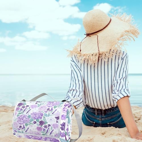 MNSRUU Picnic Blanket Waterproof Foldable, Rose Hydrangea Flowers in Purple Large Outdoor Picnic Beach Camping Blanket Travel Mat, Shoulder Strap Tote, Rectangle 57x59in - Image 5