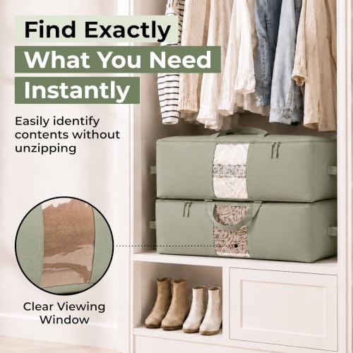 Soft Canvas Storage Bags with Zipper. Thick Breathable, 2pc King/Queen Comforter Organizer. Four Carrying Handles and Window. Large 25x19x9in Bag for Sheets Blankets Bedding Pillows, Clothes (Green) - Image 5