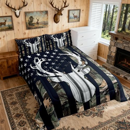 Rustic Deer Boys Bedding Set Queen Size,Deer Antlers Wild Animal Hunting Comforter Set,Army Green Camo Comforter Stars Stripes USA Flag Quilt with 2 Pillowcases, Camping Theme RV Cabin Lodge Decor - Image 2