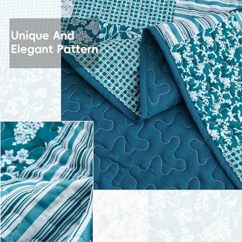 Mybedsoul Boho Queen Quilts, Patchwork Floral Bedding Set, Teal Blue - Image 4