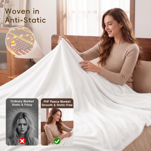 PHF Fleece Blanket Twin Size 66x90-300GSM Lightweight Airy Warmth, White - Image 3
