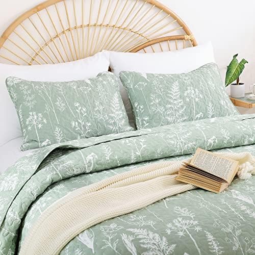 JANZAA Quilts Queen Size, Sage Green Bedspread 3 Pcs Floral Bedding Set - Image 3