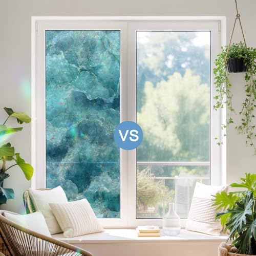 Turquoise Coastal Window Privacy Film Rainbow Static Cling Stain Glass Window Film for Glass Door, Decorative Heat Blocking Sunroof Decal Sticker for Car 23.6"x78.7" Modern Abstract Beach Waves Ocean - Image 5