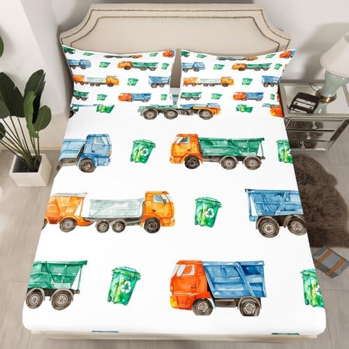Erosebridal Toddler Bedding Set Garbage Trucks Bed Sheets Vintage Watercolor Garbage and Trash Truck Fitted Sheet Queen for Boys Girls Refuse Classification Trash Vehicles Sheets, No Top Sheet by Erosebridal