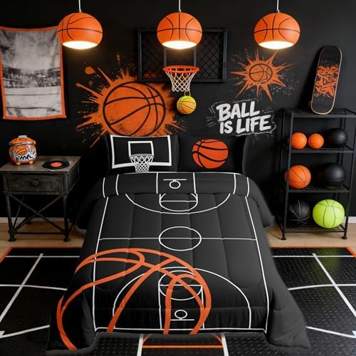 Castle Fairy Basketball Court Print Bedding Set for Boys Girls,Ball Sports Games Themed All Season Cozy Comforter Set Full Size,Orange Basketball and Hoop Duvet Set Home Decor,Children Birthday Gift by CastleFairy