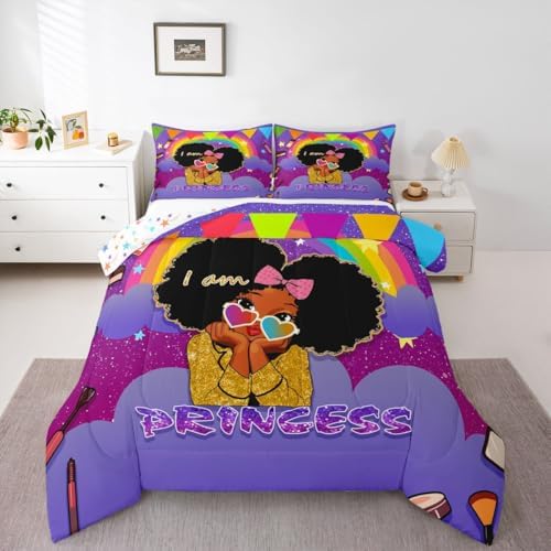 Erosebridal Black Girls King Comforter Set African Princess Bedding Set Dreamy Rainbow Magical Comforter Cute Little Princess Bed Sets for Kids Melanin Bedroom Decor (1 Comforter, 2 Pillowcases) by Erosebridal