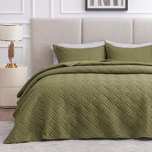Love's cabin King Size Quilt Bedding Set Olive Green Bedspreads - Bed Summer Lightweight Bedspread Comforter - Wave Pattern Bedding Coverlet for All Season - 3 Pieces (1 Quilt, 2 Pillow Shams) by Lovescabin