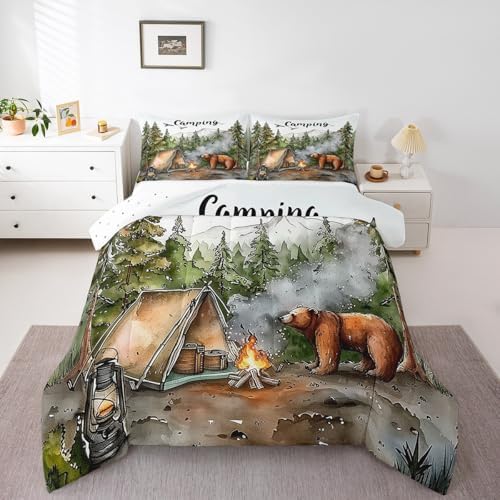 Erosebridal RV Camper Queen Bedding Set,Kids Camping Decor Comforter Set for Travel Trailers,Rustic Cabin Bear Quilt Set Forest Mountain Adventure Bed Comforter Sets,2 Pillowcases by Erosebridal