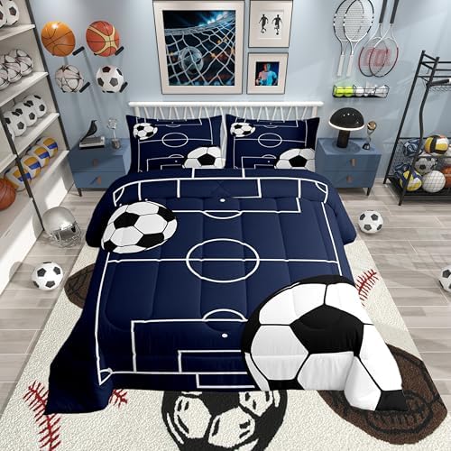 Football Boys Comforter Set Full Size Soccer Ball Pattern Bedding Set for Kids Teens,Sports Theme Down Comforter Football Court Duvet Set Gamer Room Decor White Quilt Set,Breathable Polyester by CastleFairy