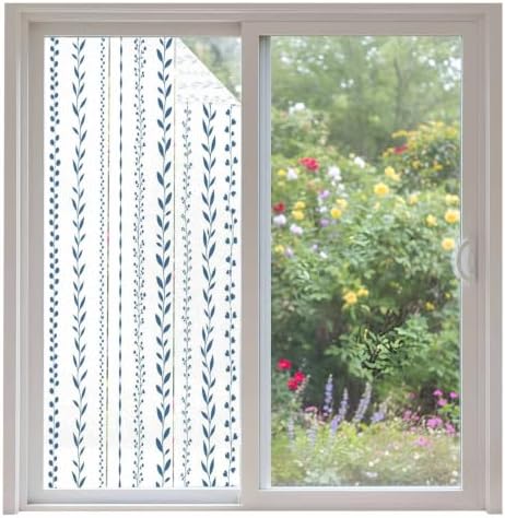 Window Privacy Film Frosted, Modern Minimalist Non-Adhesive Static Cling Window Tint, Light Blue Rustic Leaves Stripes Insulated Windows Frosted Films for Living Room, 35.4 x 78.7 Inches by Unknown
