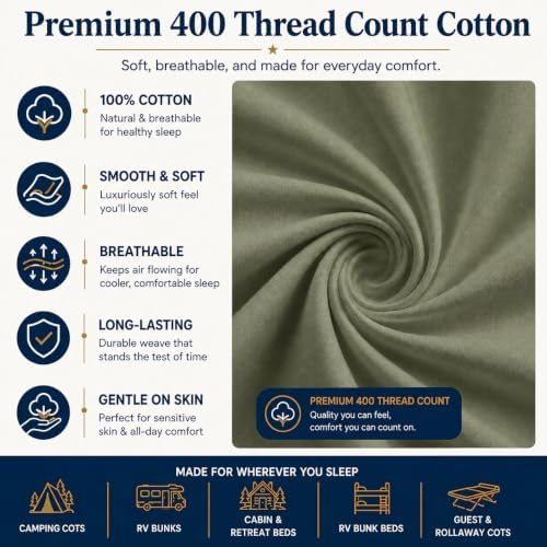 Zipper Cot Fitted Sheet, 30 x 75 Camping Cot Mattress Sheets, 400 Thread Count 100% Cotton, Includes 1 Wraparound Base, 2 Removable Zipper Top Sheets & 2 Pillowcases, 8 Inch Deep Pocket, Sage Green - Image 6