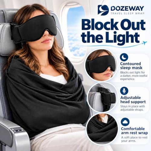 Dozeway Travel Sleep Set, Dozeway Travel Set 3-in-1 with Contoured Sleep Mask, Adjustable Head Support & Soft Arm Support Wrap for Airplane Travel - Image 4