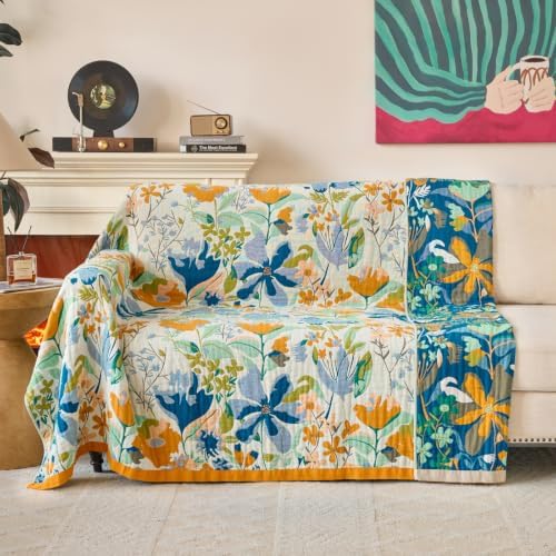 Boho Throw Blanket, 100% Soft Cotton Floral Quilt, Queen 80"x90" - Image 2