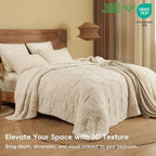 PHF Soft Sherpa Fleece Blanket Queen, Tufted Jacquard, 03-Oat Milk - Image 3