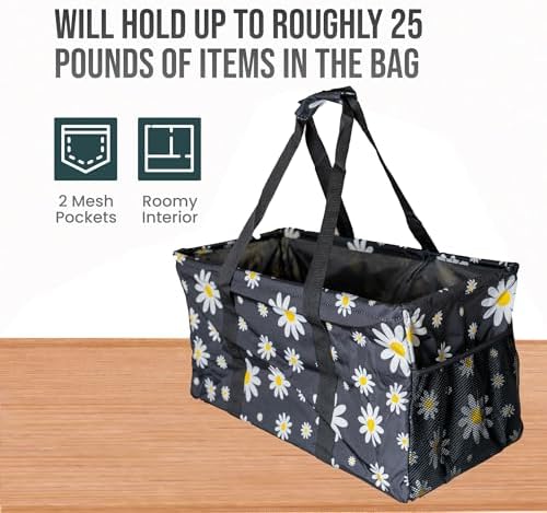 Extra Large Utility Tote Bag - Oversized Collapsible Beach Bag - Black Daisy - Image 5