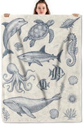Vintage Ocean Animals Throw Blanket, Lightweight Warm Nautical Flannel Blanket with Dolphin Turtle Whale Octopus, Home Decor and Gifts, Soft Cozy Blankets for Women Kids, 60"x80" for Bed Couch Travel by Unknown