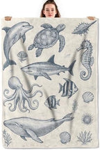 Vintage Ocean Animals Throw Blanket, Lightweight Warm Nautical Flannel Blanket with Dolphin Turtle Whale Octopus, Home Decor and Gifts, Soft Cozy Blankets for Women Kids, 60"x80" for Bed Couch Travel by Unknown