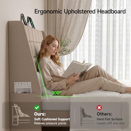 Ergonomic Upholstered Queen Headboard wtih Charging Station Beige - Image 3